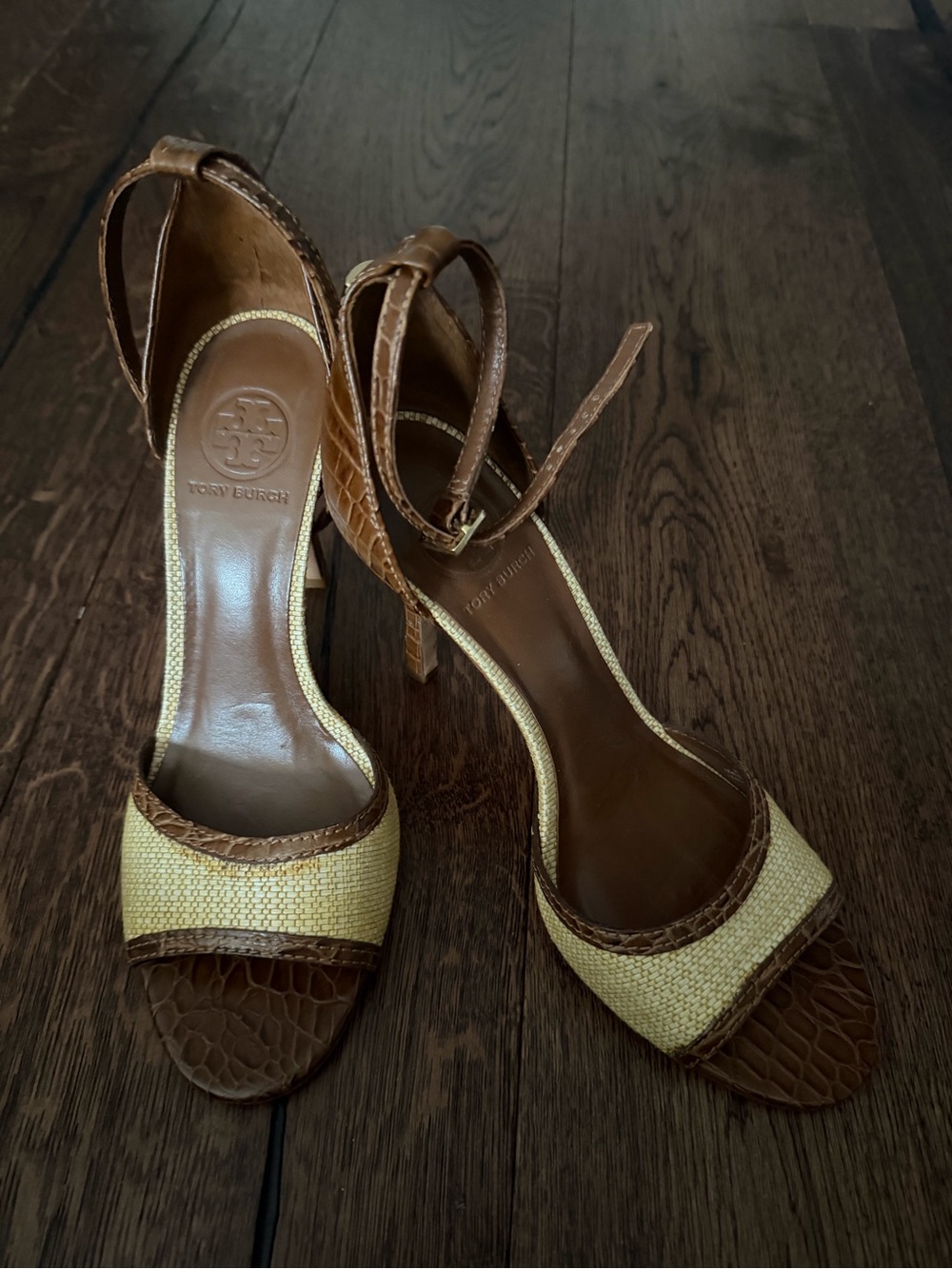 Tory Burch Brown and Cream Textured Leather Ankle-Strap Heels